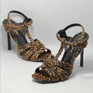 Saint Laurent Tribute 105MM Leopard-Print Calf Hair Sandals